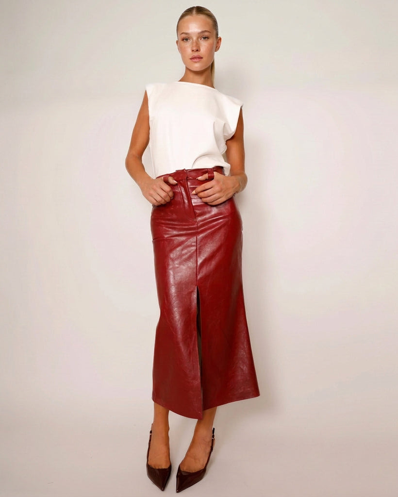 Midi Pencil Skirt Leather Wine