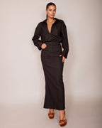 Langer Rock und Hemd Bluse aus Nadelstreifen Anzugstoff schwarz