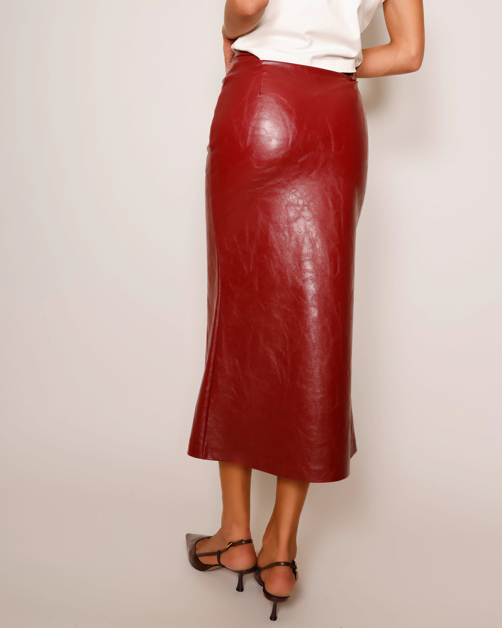 Midi Pencil Skirt Leather Wine