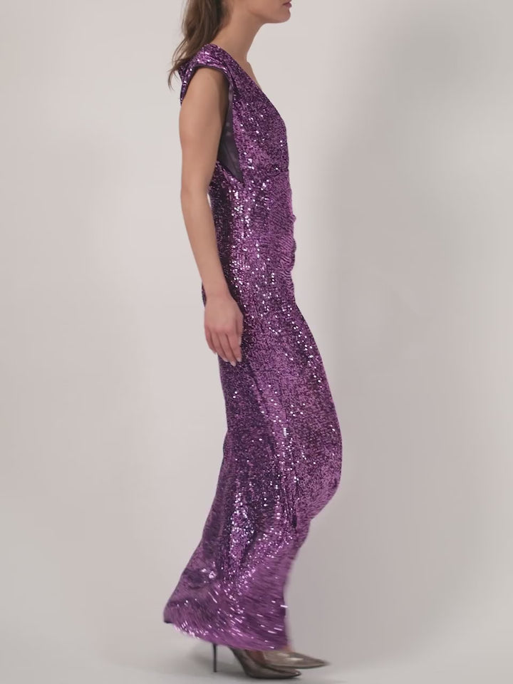 Sparkling Padded Shoulder Dress plum