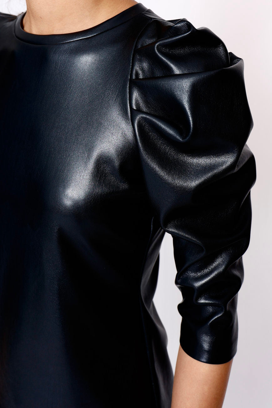 Puffed Sleeve Shirt Vegan Leather  black