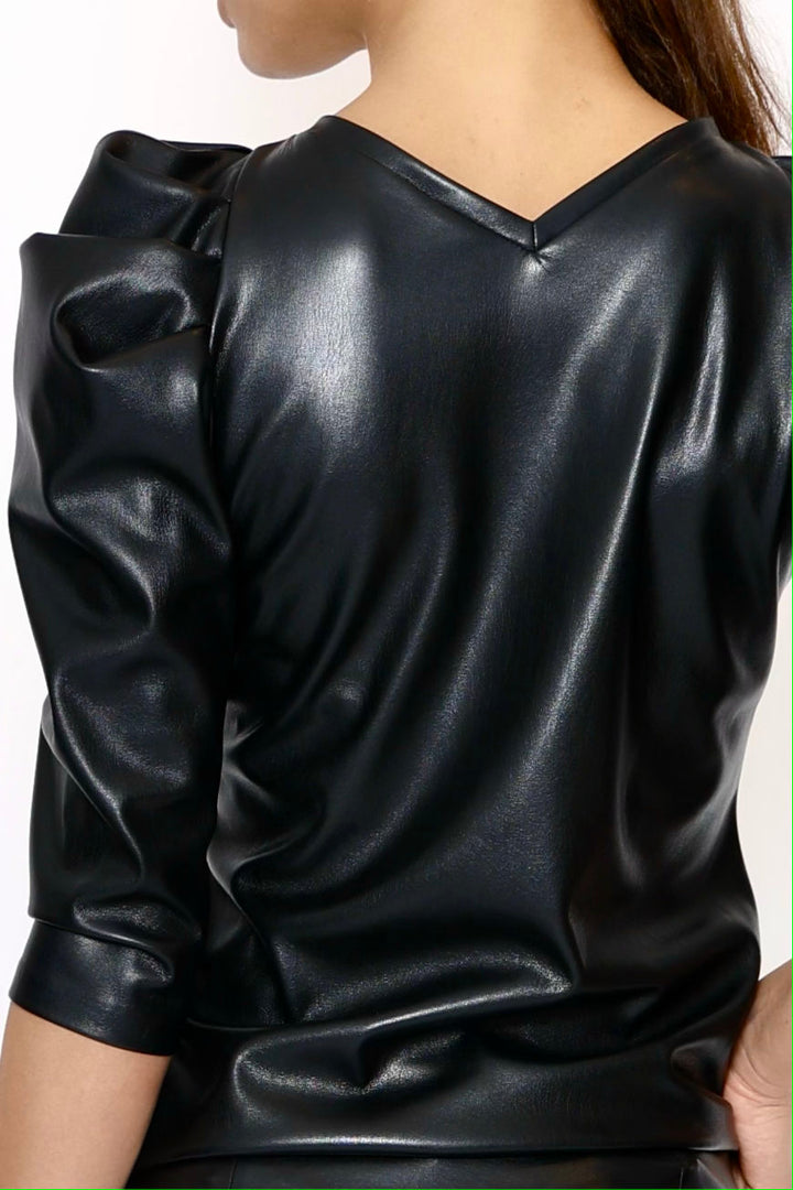 Puffed Sleeve Shirt Vegan Leather  black