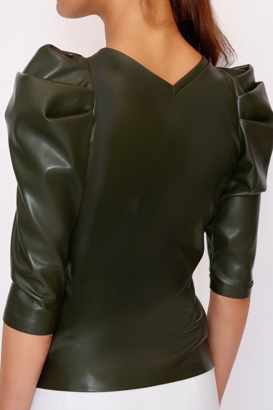 Puffed Sleeve Shirt Vegan Leather  olive