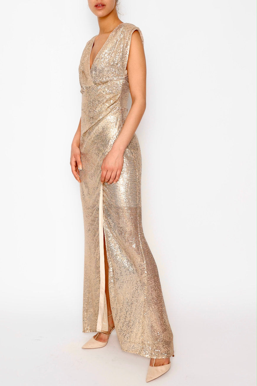 Sparkling Padded Shoulder Dress gold