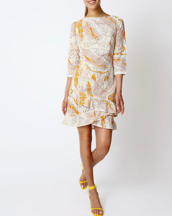 SUMMER SPECIAL-Volant Mini Kleid Lochstickerei